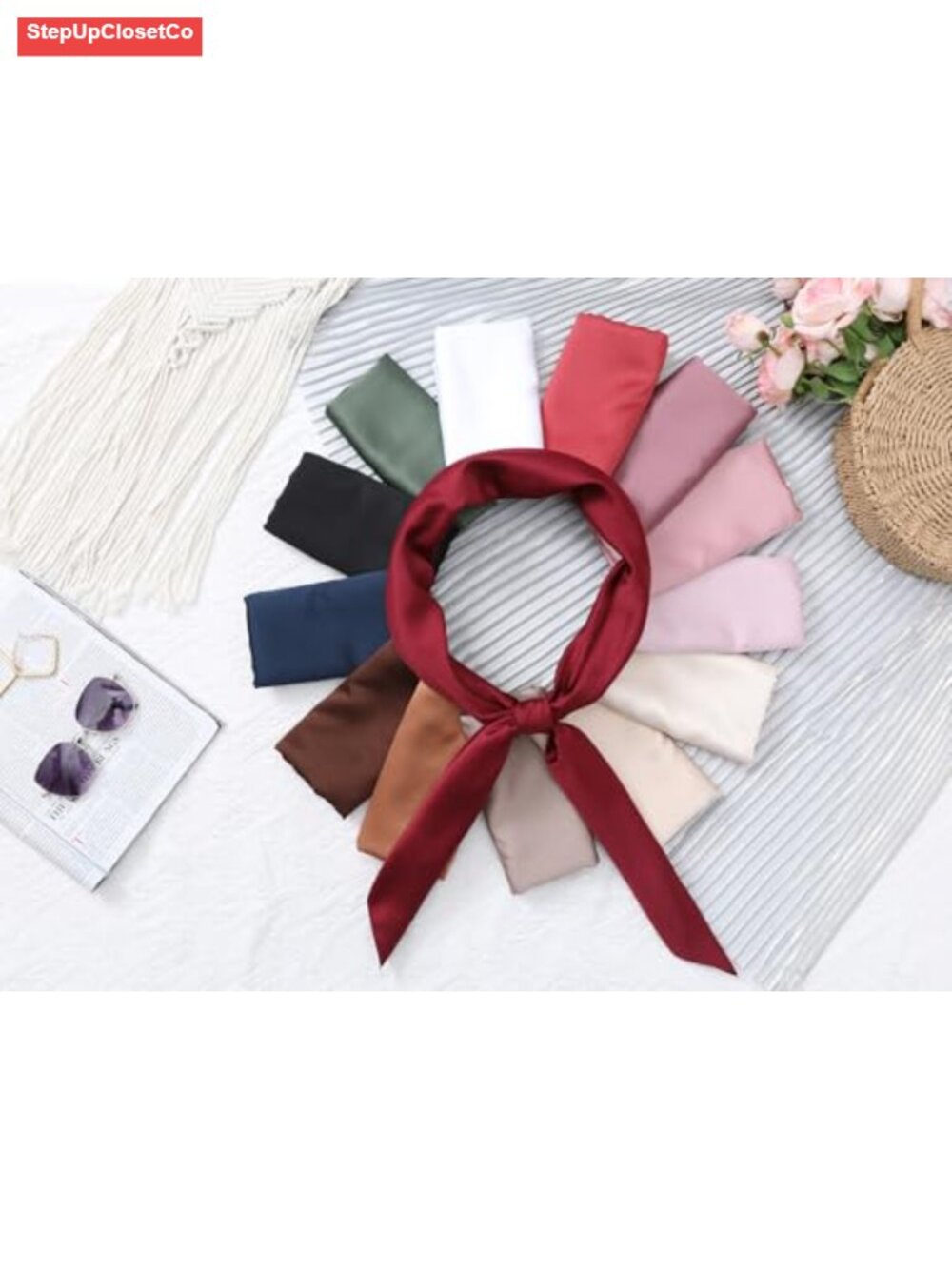 Women's Square Scarf 43.3" Elegant Silky Satin Neckerchief Bandana - Picture 5 of 5